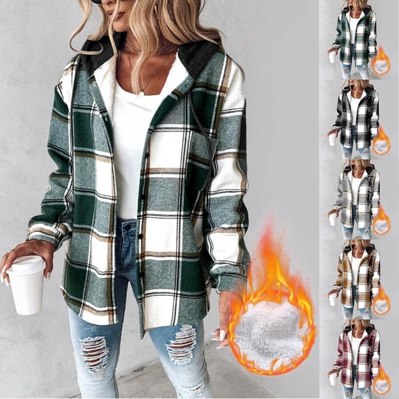 Women's Fleece Sherpa Plaid Jacket Button Down Hooded Casual Coat Trendy Warm Fall Winter Outwear,M,Khaki