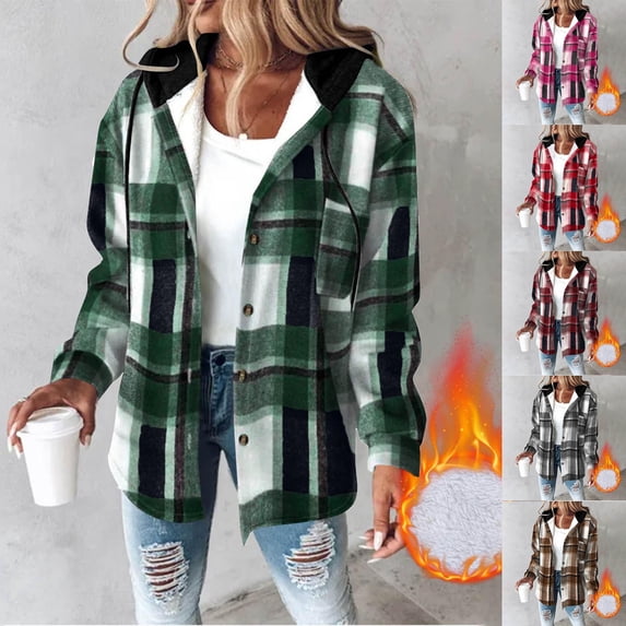 Women's Fleece Sherpa Plaid Jacket Button Down Hooded Casual Coat Trendy Warm Fall Winter Outwear,XL,Red