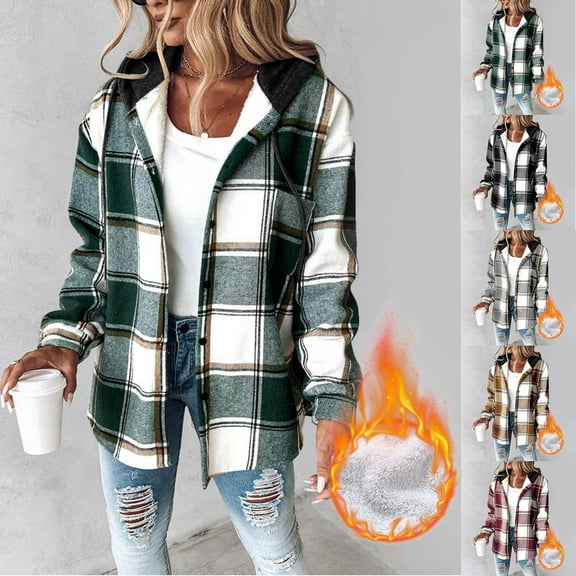 Women's Fleece Sherpa Plaid Jacket Button Down Hooded Casual Coat Trendy Warm Fall Winter Outwear,XXL,Gray