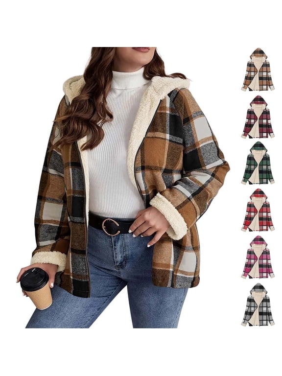 Women's Fleece Sherpa Plaid Jacket Full Zip Hooded Casual Coat Loose Trendy Warm Fall Winter Outwear,XL,Gray