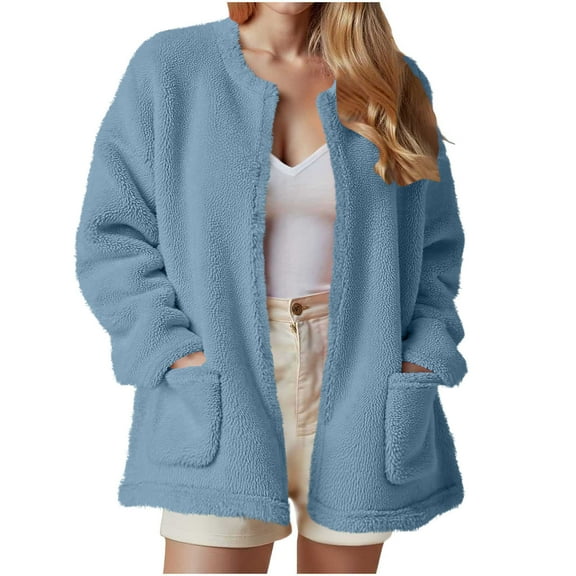 Women’s Fleece Short Cardigan Fuzz Round Neck Solid Color Winter Jackets Soft Warm Coat with Pockets