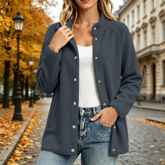 Women's Fleece Snap Button Jacket, Stand Collar Long Sleeve Casual Winter Coat With Pockets, Soft Fleece Outdoor Jacket For Women, Warm Sherpa Lined Coat Gray XL