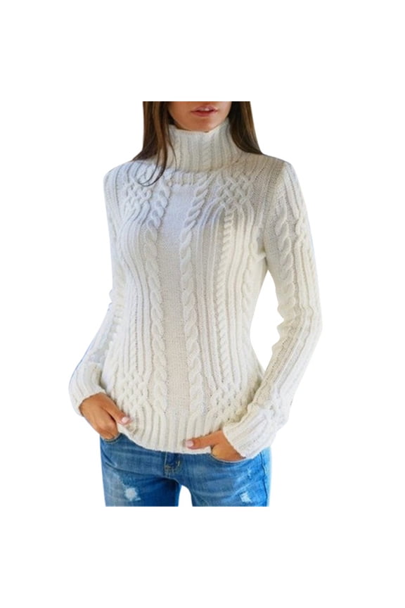 Women's Fleece Sweater Fisherman Cable Knit Pullover without Pockets,White,M