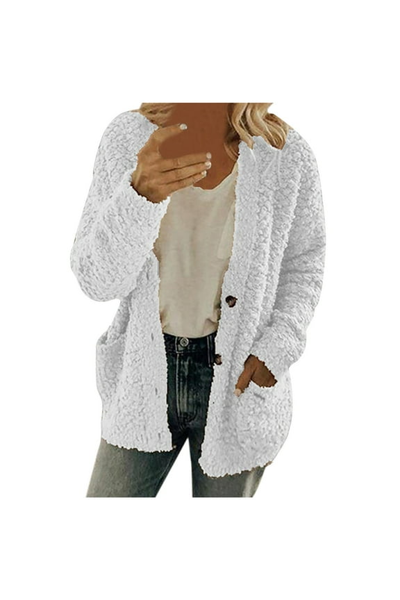 Women's Fleece Sweater Open Front Cardigan Plus Size Button Up Coat Winter Thermal Outwear with Pockets (L, White)