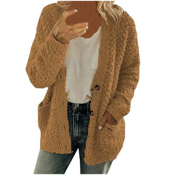 Women's Fleece Sweater Open Front Cardigan Plus Size Button Down Coat Winter Thermal Outwear with Pockets (XXXXXL, Coffee)
