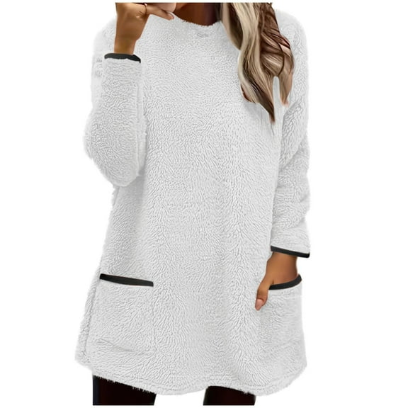 Women's Fleece Sweaters Causal Crewneck Sweatshirts Trendy Soft Fuzzy Sweater Long Sleeve Pullover Tops with Pockets (M, White)