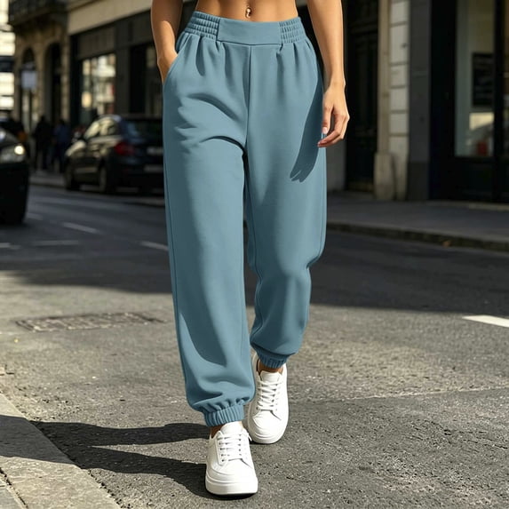 Women's Fleece Sweatpants, Cuffed Ankle Warm Pants With Drawstring Waist, Cozy Solid Color Loungewear With Side Pockets Light Blue 2XL