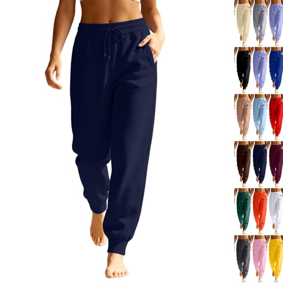 Women's Fleece Sweatpants Winter High Waisted Joggers Athletic Pants Casual Fall Drawstring Trousers with Pockets,Navy M