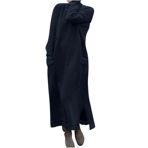 Women's Fleece Sweatshirt Dress 2023 Plus Size Casual Long Sleeve Side Slit Crewneck Maxi Dresses Winter Warm Solid Loose Fit Dress with Pockets