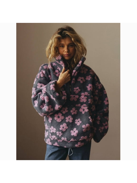 Women's Fleece Sweatshirt Fall Cute Floral Faux Fur Pullover Casual Zip Up Winter Sherpa Jacket