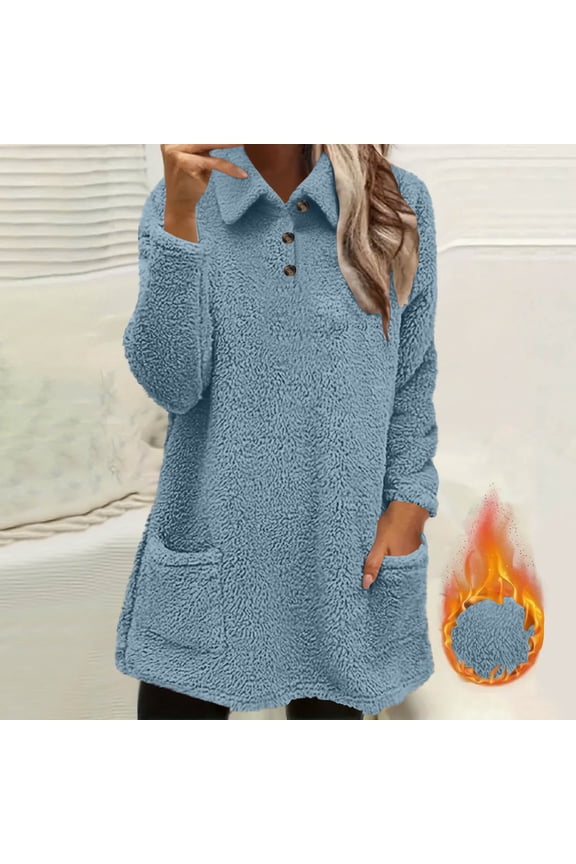 Women's Fleece Sweatshirts Long Sleeve Blouses Top Casual Lapel Collared Button Down Sherpa Sweatshirt Solid Color Warm Pullover Sweater with Pocket