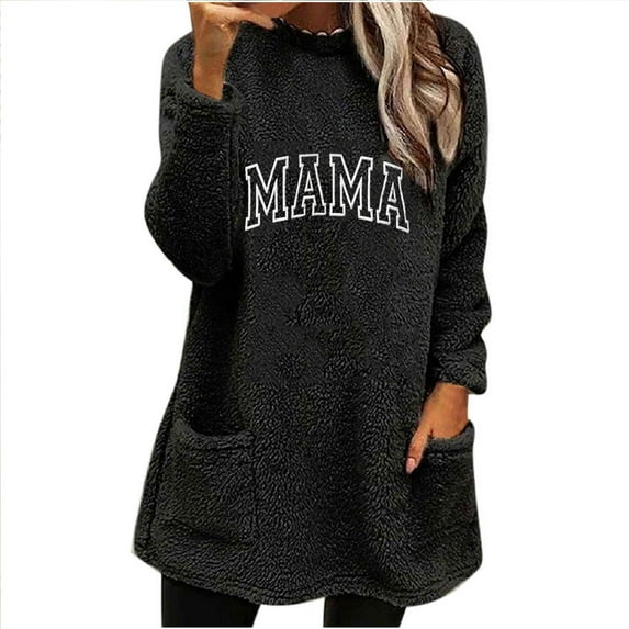 Women's Fleece Tops Fall Winter Warm Long Sleeve Print Pattern Loose Fit Casual Pullover Top with Pockets (L, Black)