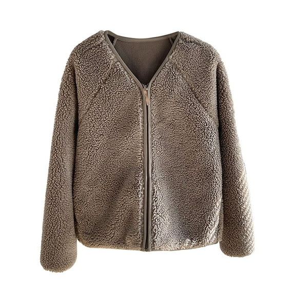 Women's Fleece V Neck Versatile Long Sleeve Warm Zipper Jacket Casual Outwear Lightweight Comfortable Soft Fabric Winter Spring Season