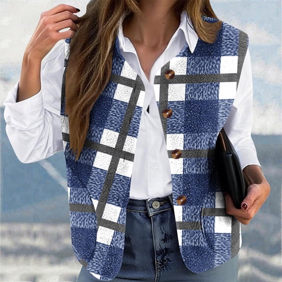 Women's Fleece Vest, Double-Sided Warm Winter Casual Sleeveless Jacket with Printed Design, Loose Fit Collarless Button Front Coat for Everyday Use in Fall and Winter Seasons