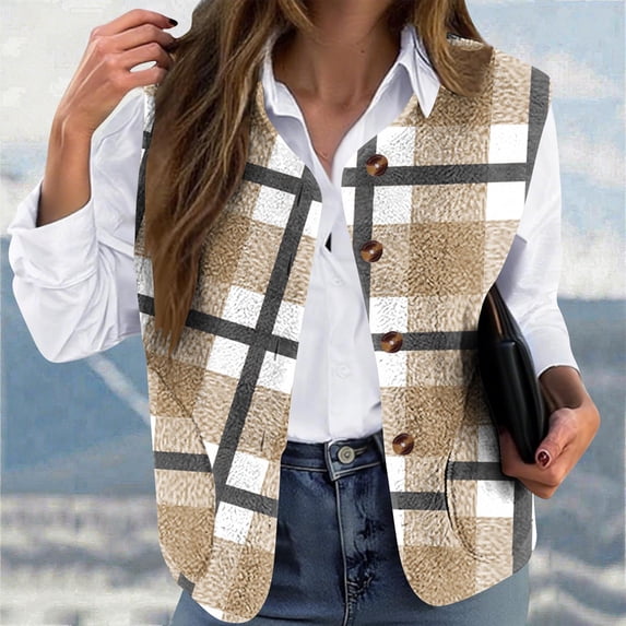 Women's Fleece Vest, Double-Sided Warm Winter Casual Sleeveless Jacket with Printed Design, Loose Fit Collarless Button Front Coat for Everyday Use in Fall and Winter Seasons
