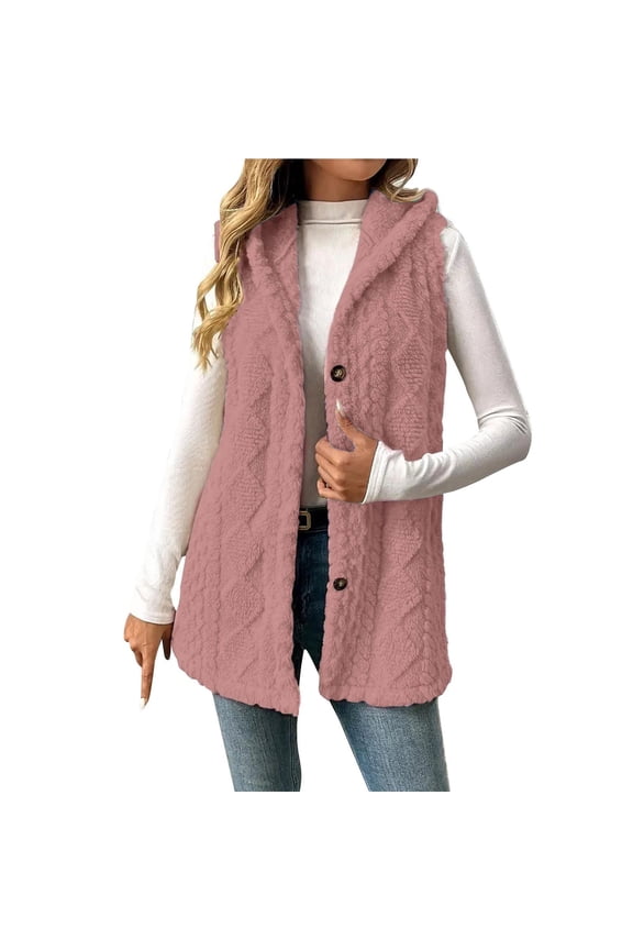 Women's Fleece Vest Hooded Sleeveless Cable Knitted Fleece Lined Button Down Solid Color Overcoat Pink 5XL