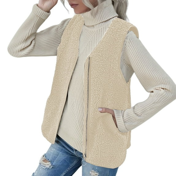 Women's Vest Outerwear Sleeveless Lightweight Zip Jackets Warm Soft Vests with Zipper/Botton Pockets Jackets for 2025 Trendy,Color:Beige,Size:L