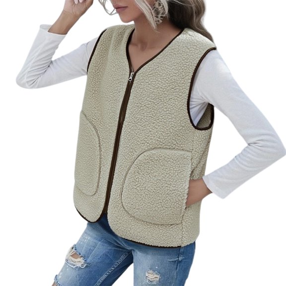 Women's Vest Outerwear Sleeveless Lightweight Zip Jackets Warm Soft Vests with Zipper/Botton Pockets Jackets for 2025 Trendy,Color:Beige,Size:M