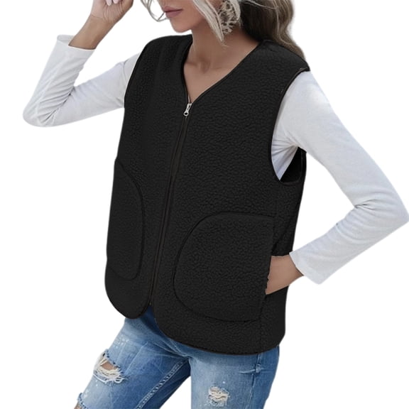 Women's Vest Outerwear Sleeveless Lightweight Zip Jackets Warm Soft Vests with Zipper/Botton Pockets Jackets for 2025 Trendy,Color:Black,Size:XL