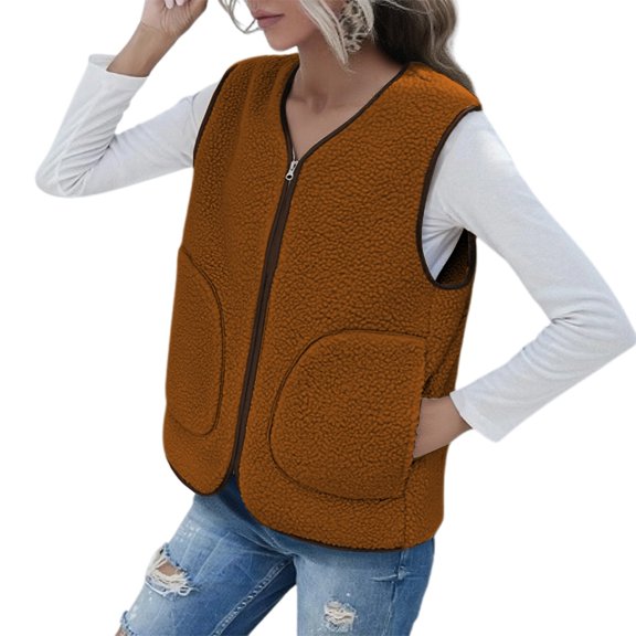 Women's Vest Outerwear Sleeveless Lightweight Zip Jackets Warm Soft Vests with Zipper/Botton Pockets Jackets for 2025 Trendy,Color:Brown,Size:XXL
