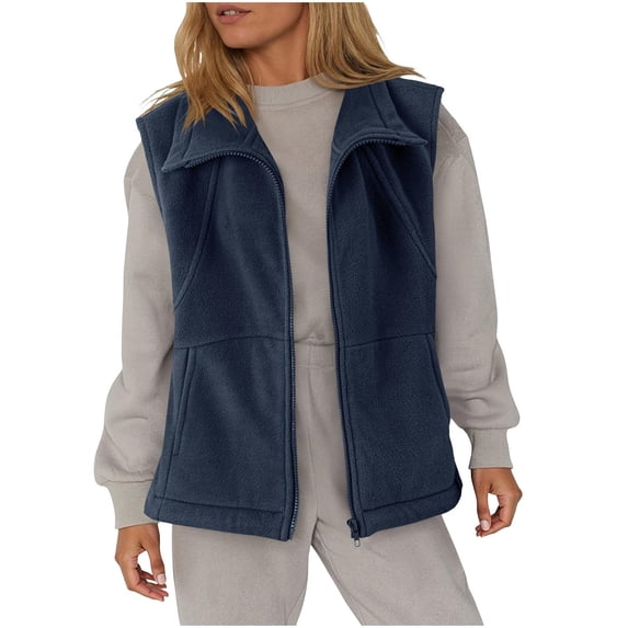 Women's Fleece Vest Outerwear Sleeveless Lightweight Zip Jackets Warm Soft Vests with Zipper Pockets Navy M