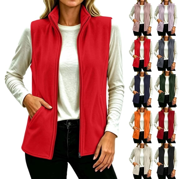 Women's Fleece Vest Zip Up Stand Collar Sleeveless Jacket with Pockets Lightweight Casual Outdoor Layering Outerwear for Fall Winter Daily Wear