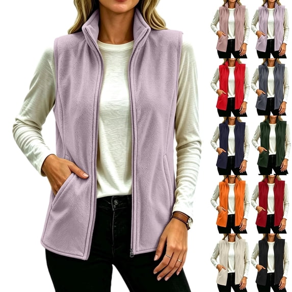 Women's Fleece Vest Zip Up Stand Collar Sleeveless Jacket with Pockets Lightweight Casual Outdoor Layering Outerwear for Fall Winter Daily Wear