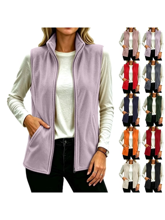 Women's Fleece Vest Zip Up Stand Collar Sleeveless Jacket with Pockets Lightweight Casual Outdoor Layering Outerwear for Fall Winter Daily Wear