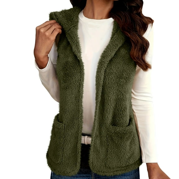 Women's Fleece Vests Button Warm Sleeveless Coat Vest Fall Fuzzy Lightweight Jackets Winter Soft Outerwear with Pockets Army Green M