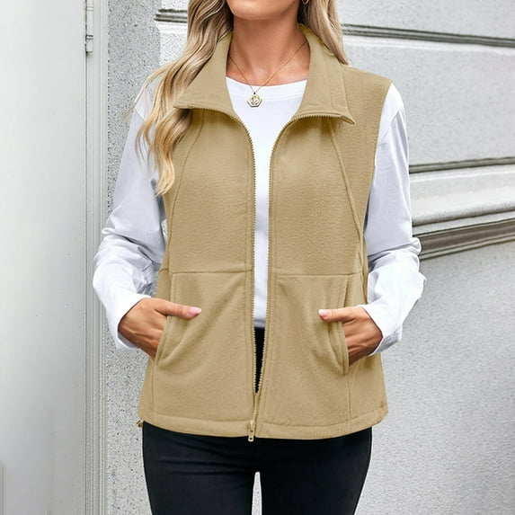 Women's Fleece Vests Outerwear Lightweight Sleeveless Zip up Jackets Fall Winter Warm Soft Fuzzy Vests with Pockets Beige XL