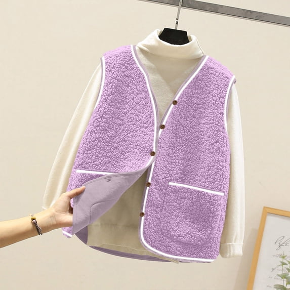 Women's Fleece Vests With Pockets Soft Sherpa Gilets Winter Waistcoats Ladies Lightweight Body Warmers Solid Color Tops Sleeveless Coats Button Up Cardigan Collarless Jackets Purple L