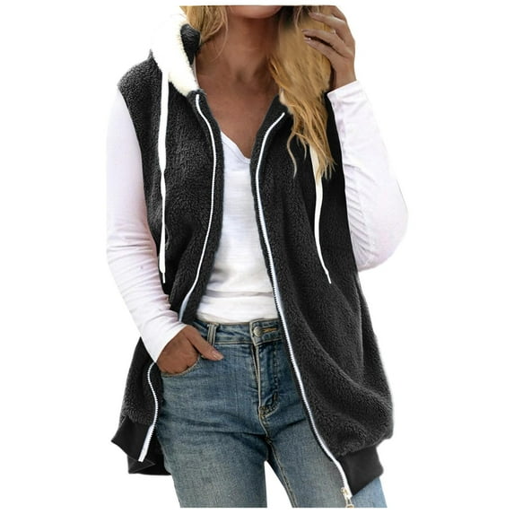 Women's Fleece Waistcoat Zip up Plush Vest with Hood Oversized Sherpa Lined Warm Winter Outerwear Sleeveless Sweater Jackets