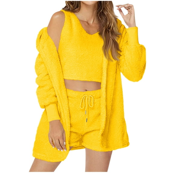 Women's Fleece Warm 3pc Pajamas Sets Furry Sherpa Soft Loungewear Hooded Coat Crop Tops and Shorts Set Winter Lounge Outfits
