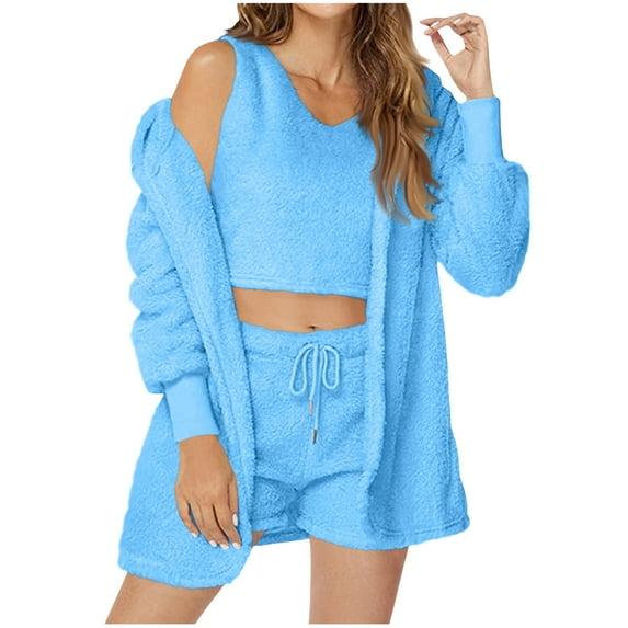 Women's Fleece Warm 3pc Pajamas Sets Furry Sherpa Soft Loungewear Hooded Coat Crop Tops and Shorts Set Winter Lounge Outfits
