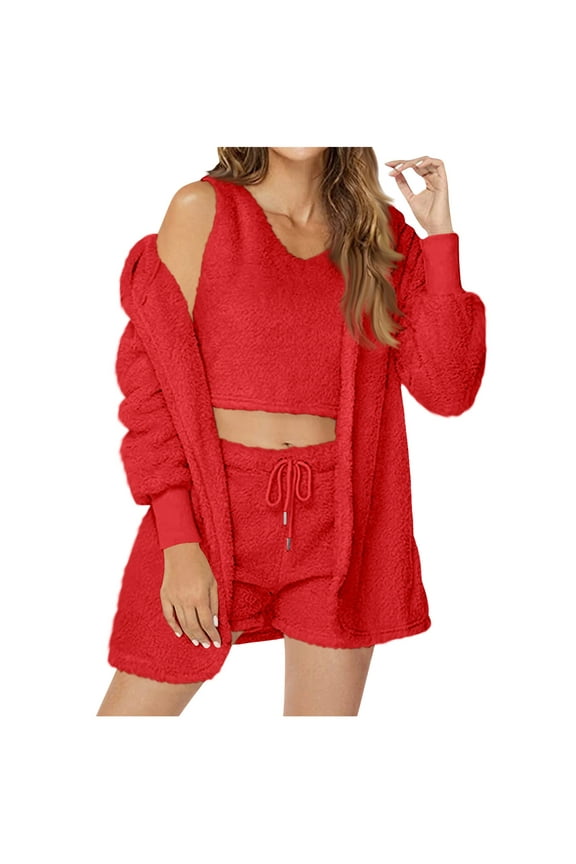 Women's Fleece Warm 3pc Pajamas Sets Furry Sherpa Soft Loungewear Hooded Coat Crop Tops and Shorts Set Winter Lounge Outfits