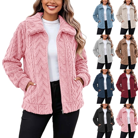 Women's Fleece Warm Coats Full Zip Long Sleeve Double-sided Velvet Short Jacket Outerwear With Pockets