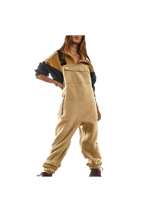 Women's Fleece Warm Winter Loose Work Jumpsuits With Adjustable Suspender Straps, Beige, Size S