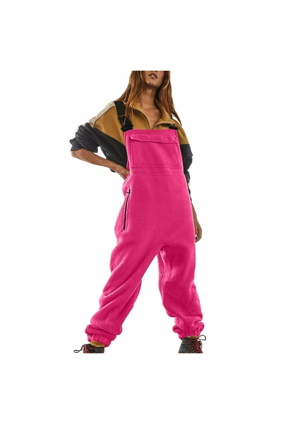 Women's Fleece Warm Winter Loose Work Jumpsuits With Adjustable Suspender Straps, Fuchsia, Size S