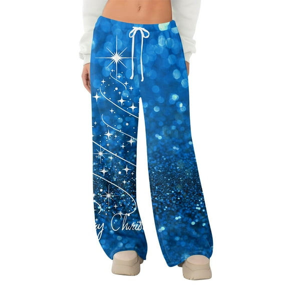 Women's Fleece Wide Leg Elastic Waist Drawstring Loose Christmas Print Pajama Sleep Pants, Blue, XXXL