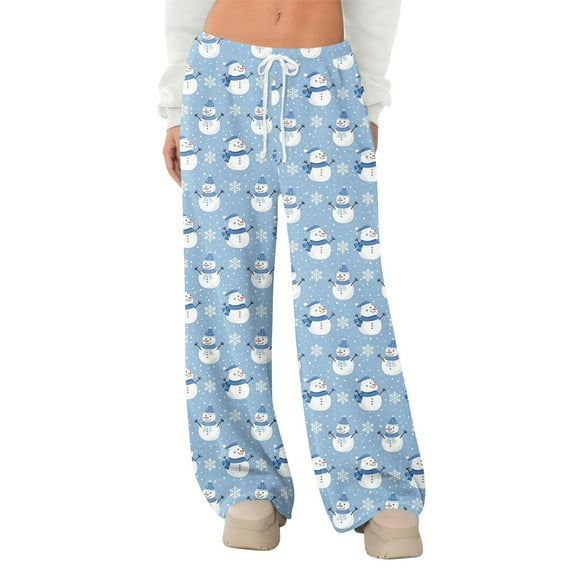 Women's Fleece Wide Leg Elastic Waist Drawstring Loose Christmas Print Pajama Sleep Pants, Light Blue, M