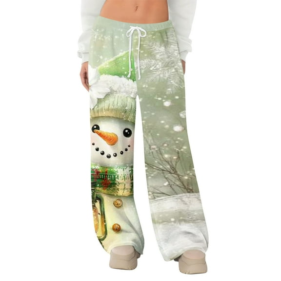 Women's Fleece Wide Leg Elastic Waist Drawstring Loose Pants, Christmas Cartoon Print, Festive and Cozy for Holiday Wear,Dark Green,S