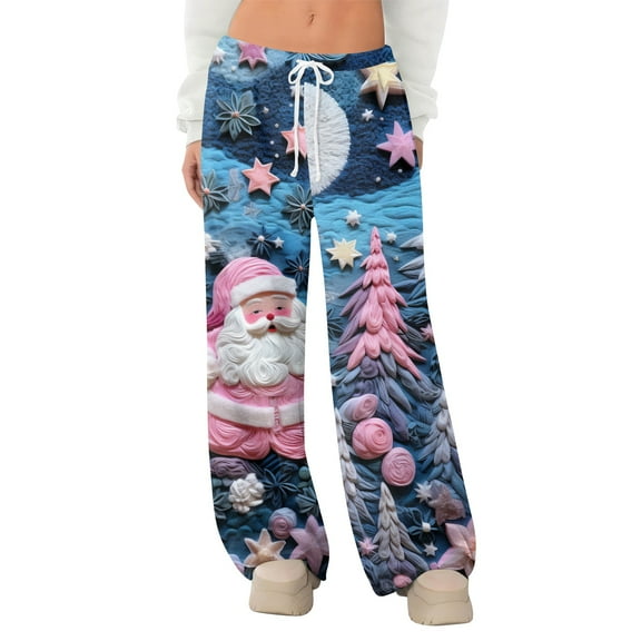 Women's Fleece Wide Leg Elastic Waist Drawstring Loose Pants, Christmas Cartoon Print, Festive and Cozy for Holiday Wear,Light pink,S