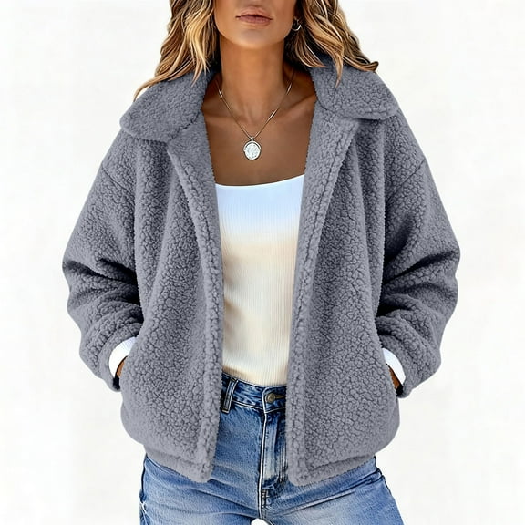 Women's Fleece Winter Coat Long Sleeve Lapel Open Front Cardigan Outerwear Gray M