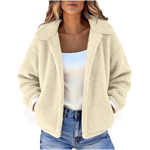 Women's Fleece Winter Coat Long Sleeve Lapel Open Front Cardigan Outerwear Khaki XL