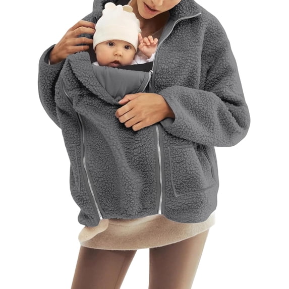 Women's Fleece Zip Up 2-in-1 Baby Wearing Jacket, Maternity Winter Coat with Kangaroo Pocket, Thick Warm Baby Wearing Clothes for Mothers, Postpartum Winter Jacket