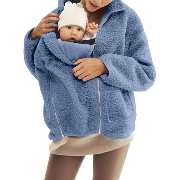 Women's Fleece Zip Up 2-in-1 Baby Wearing Jacket, Maternity Winter Coat with Kangaroo Pocket, Thick Warm Baby Wearing Clothes for Mothers, Postpartum Winter Jacket