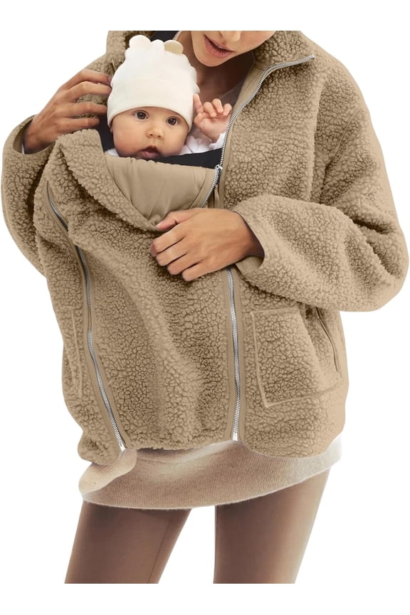 Women's Fleece Zip Up 2-in-1 Baby Wearing Jacket, Maternity Winter Coat with Kangaroo Pocket, Thick Warm Baby Wearing Clothes for Mothers, Postpartum Winter Jacket