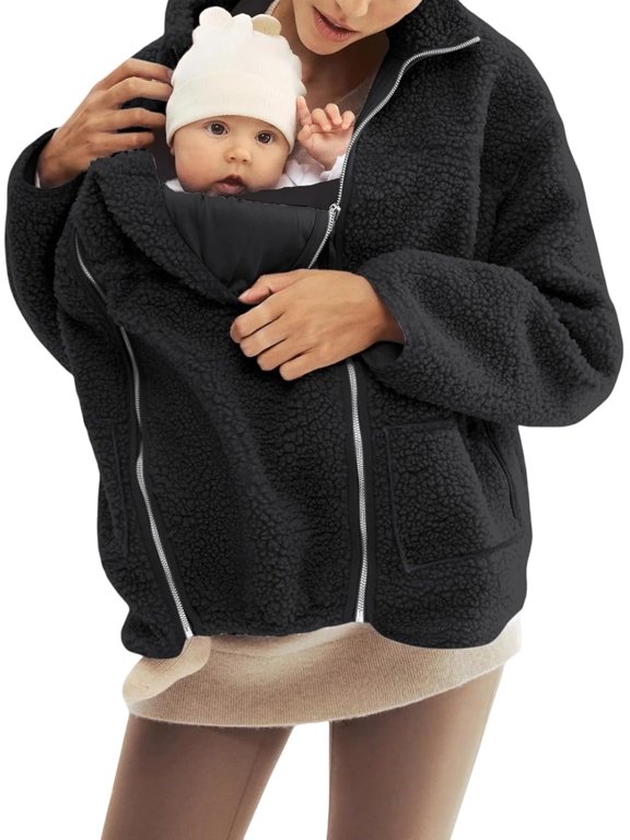 Women's Fleece Zip Up 2-in-1 Baby Wearing Jacket, Maternity Winter Coat with Kangaroo Pocket, Thick Warm Baby Wearing Clothes for Mothers, Postpartum Winter Jacket