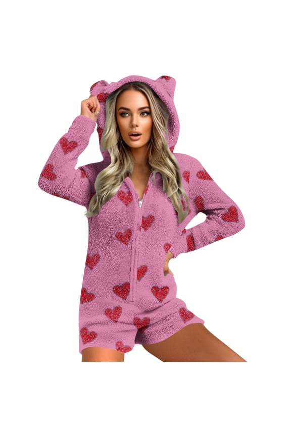 Women's Fleece Zip Hoodie Romper Shorts Sleepwear Long Sleeve Cute Cat Ear Hooded Onesie Jumpsuit Winter Loungewear (2XL, Hot Pink|Hearts)