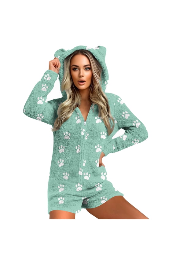 Women's Fleece Zip Hoodie Romper Shorts Sleepwear Long Sleeve Cute Cat Ear Hooded Onesie Jumpsuit Winter Loungewear (S, Green)